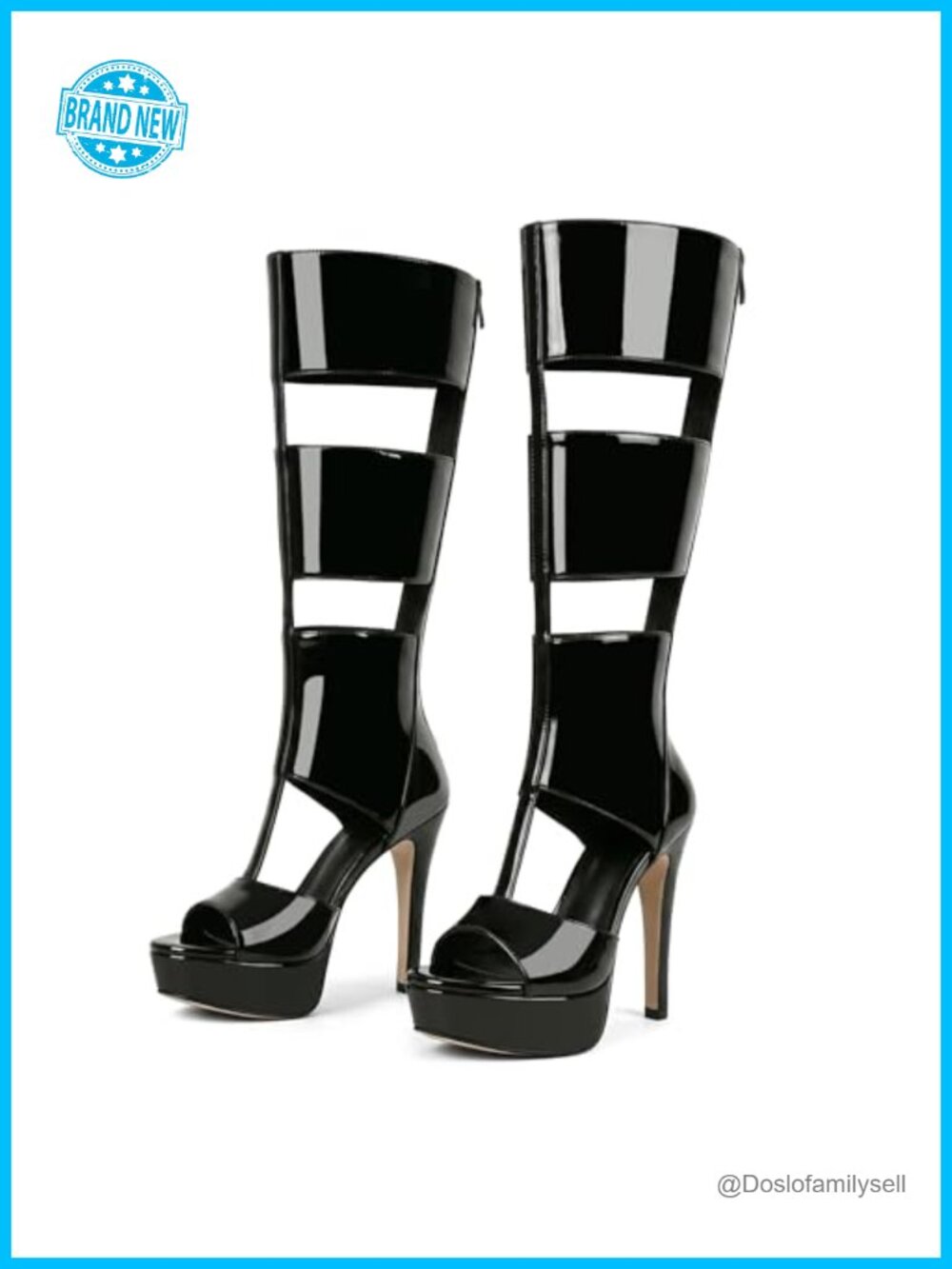 Platform Knee High Gladiator Heels Peep Toe Faux Leather Pull-On